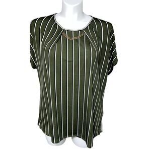 Anna Morgan Womens Blouse Top Striped Short Sleeve Chain Accent Green White 3X